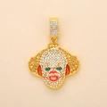 Detailed close-up of a golden iced-out clown pendant with multicolored crystals and enamel - Gold Clown (Crown)