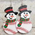 Christmas leather snowman earrings featuring baseball stitch patterns and festive scarves - Baseball Snowman