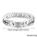 Polished silver cuban link chain bracelet for men, 12mm width and 220mm length - 12mm Steel Color (KB179892-KJX)