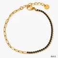 Fußkettchen aus vergoldetem Edelstahl mit schwarzem Zirkonia und s.steel-Anhänger - Schwarzer Zirkon Geteilte Fußkette / Schwarzer Zirkon Gold (A411)