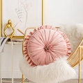 Pink velvet round throw pillow with floral button and pleated design on a gold chair - Pink Dutch Velvet Wheel Pillow with Ruffles (With Core) / 35*35+6cm Ruffle