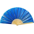 Ventaglio da kung fu in PVC laser blu da 33cm con stecche di bambù naturali aperte - 33CM / Blu trasparente (Osso naturale)