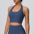 Detail von Marine-Halter-Yoga-Bra mit U-Ausschnitt und hochstützendem Mattenstoff - S / Marineblau