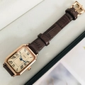 Women's square rose gold watch with beige dial and dark brown leather strap - Brown