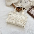 Floral canvas tote bag with white lace trim and lavender prints for elegant daily use - Beige