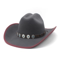 Detail of dark gray wool felt cowboy hat featuring red trim and ethnic beaded leather band - Gray
