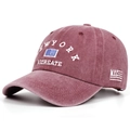 Close-up of vintage washed cotton baseball cap featuring high-quality New York embroidery - Burgundy
