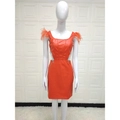 Slim fit bright orange PU leather mini dress with feather trim and silver fringe detail - S / Orange