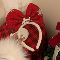 Close-up of festive Christmas headband with a red glitter bow and white plush fur detail - 14# Large Red Bow Headband (DN1515)