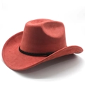 Detail of coral red suede cowboy hat with black braided trim and wide curved brim - M(56-58cm) / Brick Red (Suede)