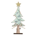 Detail of wooden Christmas tree decor with green plush, golden star, and small metal bell - Mint Green