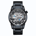 Montre mécanique creuse noire pour homme avec bracelet en acier et détails d'engrenages bleus - Style Noir (9111)