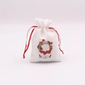 Sac cadeau de Noël en lin blanc avec motif couronne et cordon en ruban de satin rouge - Couronne Rouge (SD05-7)