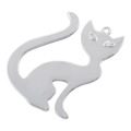Detailed view of a silver cat pendant with polished finish and inlaid eyes for Halloween - Cat / White Gold