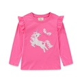 Pink girls long sleeve cotton t-shirt with unicorn embroidery and ruffled shoulders - Unicorn Embroidery Style(7051) / 2T(80-85cm)