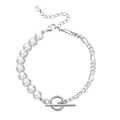 Bracelet en argent sterling S925 avec perles d'eau douce 6mm et chaîne Figaro fermoir T - Bracelet en Perles Argenté à Fermoir OT Design Épissé (GPB06-P)