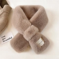 Winter faux rabbit fur cross scarf in camel beige featuring a premium branded label - Khaki