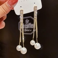 Elegant gold chain tassel earrings with sparkling rhinestones and white pearl drops - Pearl Bar Rhinestone Tassel / Gold
