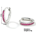 Detail view of silver hoop earrings with pink gemstones showing 1.4cm size and model E01650-2 - E01650-2 / Silver/Pink Zirconia