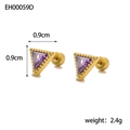 Macro view of geometric gold triangle stud earrings with purple zircon and size specs - Purple Geometric Style (EH00055D4)