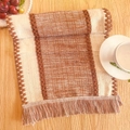 Brown and beige woven cotton linen table runner with tassels on a wooden table surface - Wide Stripe Red - Two-Tone Tassels / 30*50cm