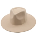 Detailed view of beige wide-brim felt hat with pinched crown and stitched edge - M(56-58cm) / Beige