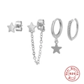Set of 4 minimalist 925 sterling silver star stud earrings and textured ear cuffs in silver - Star Theme Combination / Silver