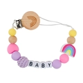 Rainbow pacifier clip with silicone beads, wooden baby beads, and pink crochet ball - 2# (Purple Series)