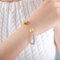 Silver cable cuff bracelet with gold cylinder ends and green emerald zircon stone - Z235-Olive Green Zirconia Double Layer