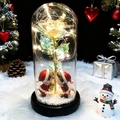 Christmas glass dome decoration with colorful LED rose and couple figurine on black base - Gold Foil Flower + Christmas Couple (Gold Flower) + Red Gift Box