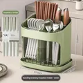 Transparenter grüner Besteckhalter mit Abtropfschale und zehn Paar Essstäbchen Set - Mit 10 Paaren Essstäbchen / Transparentes Grün