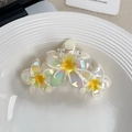 Pearlescent rainbow plumeria hair claw clip with triple flower design in a ceramic tray - Triple Flower Light Yellow