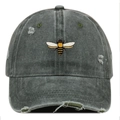 Distressed charcoal gray baseball cap with bee embroidery and vintage washed details - One Size / Green