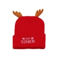 Detail of red Christmas knit hat with brown antlers and Team Glühwein white embroidery - TEAM GLÜHWEIN Style (B)