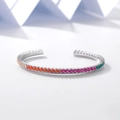 Minimalist S925 sterling silver open bangle featuring rainbow gradient pavé zirconia stones - 925 Silver / White Gold