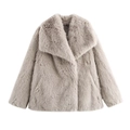 Close-up of the soft faux fur texture and wide lapel on this light grey winter coat - Light Gray