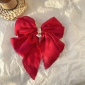 Elegant red fabric butterfly hair claw clip with pearl detail for women hairstyles - Red Pearl Satin Bow Hair Ornament / Red