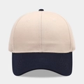 Front view of a two-tone cotton baseball cap with beige panels and navy blue brim - Adjustable / Beige with Navy Blue Visor