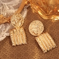 Chic vintage golden oversized textured drop earrings on natural woven background - Golden Round Relief Rectangular Drop Earrings
