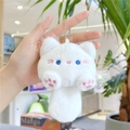 Plush white cat keychain with blue eyes and silver bead chain for bags - Metal Bead Chain / White
