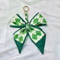 Green diamond pattern silk bow keychain with golden ring for women bags - Green Checkered
