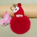 Cute red plush ball keychain with sleeping baby doll head and gold lobster clasp - Red