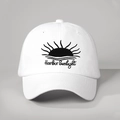 Close-up of Harbor Sunlight embroidery on a white six-panel cotton baseball cap - Adjustable / White