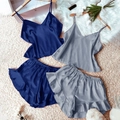 Conjunto de pijama de seda para mujer con camisola y pantalones cortos con volantes - S / Gris Humo+Azul Marino