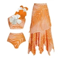 Three-piece bikini set with 3D flower shoulder, high waist bottom and sarong skirt - S / Orange Print 3-Piece Set