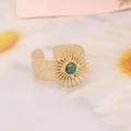 Detail of sunburst gold open ring with round green turquoise stone and vintage finish - Sunburst Round Green Stone (7#)