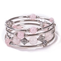 Multi-layer wrap bracelet featuring pink round beads and patterned silver metal charms - Pink Crystal