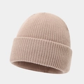 Detailed view of the ribbed knit texture and wide folded cuff of the warm beige beanie cap - One Size / Khaki