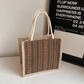 Neutral beige linen tote bag with vertical stripes and thick cotton rope handles - Brown Zipper Style