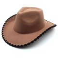 Brown wool felt cowboy hat with black rope braided edge from a diagonal side angle - M (56-58cm) / Khaki